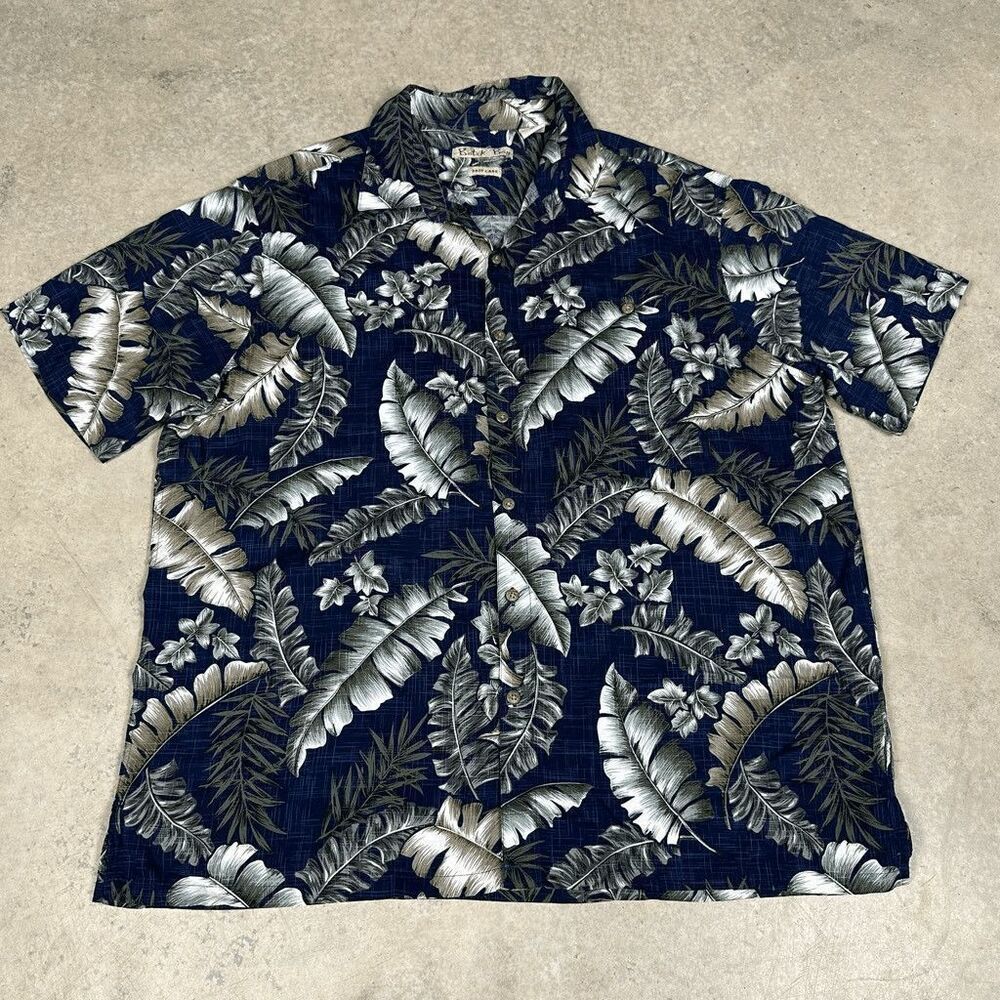 Batik Bay Men's Short Sleeve Hawaiian Button Up Shirt XL Blue Tan Green